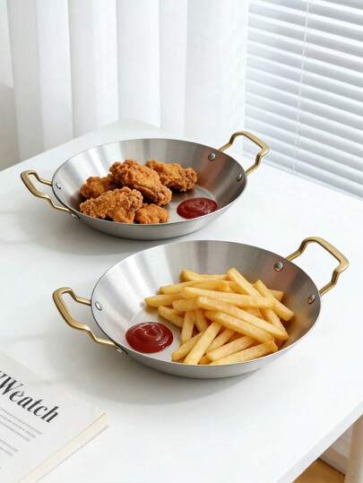 1pc Minimalist Korean Style Stainless Steel Dual-Ear Round Tray, Large Capacity Salad, Western Dish, Fried Chicken, Fries, Burger, Dumpling, Snack, Cake, Bread Serving Plate