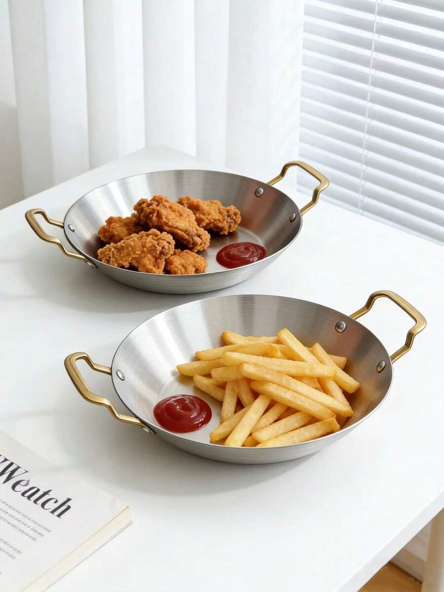 1pc Minimalist Korean Style Stainless Steel Dual-Ear Round Tray, Large Capacity Salad, Western Dish, Fried Chicken, Fries, Burger, Dumpling, Snack, Cake, Bread Serving Plate