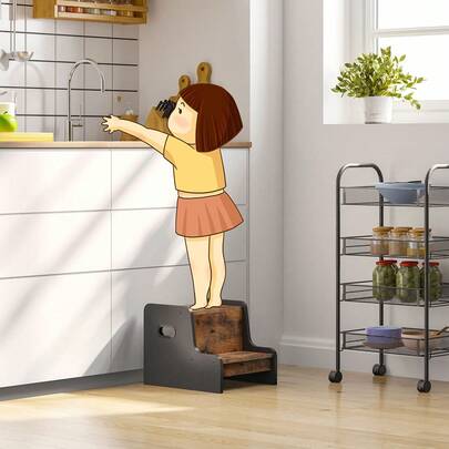 Step Stool For Kids, Two Step Toddler's Stool, Wooden Step Stool With Non-Slip Pads, Easy To Move, For Sink, Kitchen, Bathroom, Bedroom, Rustic Brown And Black