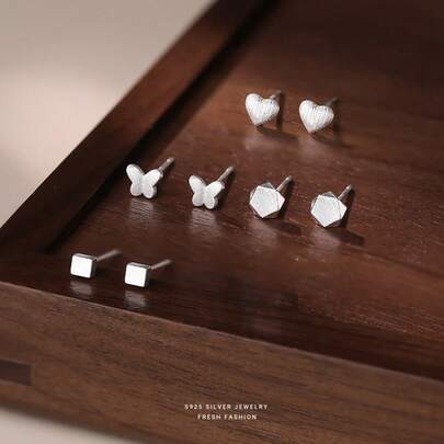 1pc S999 Sterling Silver Matte Butterfly Ear Stud, Minimalist Heart Design, Elegant Earring