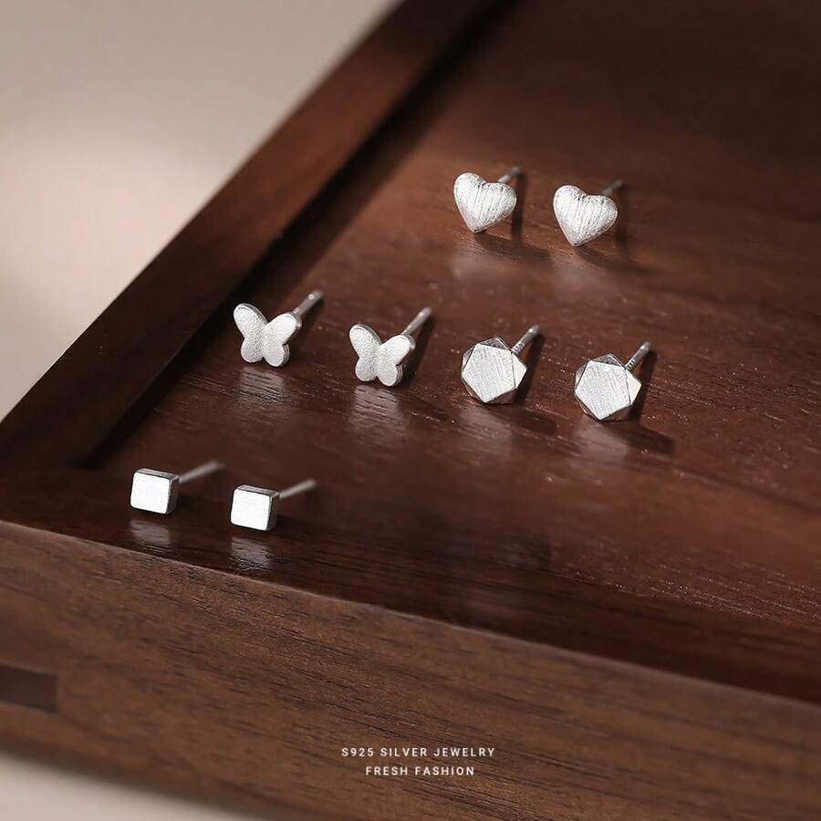 1pc S999 Sterling Silver Matte Butterfly Ear Stud, Minimalist Heart Design, Elegant Earring - White Gold - View 1