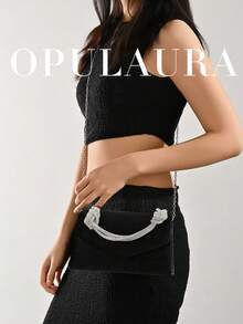 OpulAura 女士欧美风黑色丝绒翻盖晚宴包，闪耀优雅水晶装饰手提包，奢华正式晚宴手拿包，链条单肩包，适合晚宴、派对、生日、婚礼、新娘配饰 - 黑色 - 查看 8