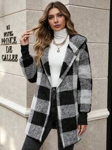 Plaid Color Block Cardigan Moda Suéter Mujeres Cárdigan oversize de estilo europeo y americano con estampado de cuadros en bloques de color y ribete de piel Prenda de punto de moda para mujer Cárdigan de lana con capucha, solapas grandes y estampado de cuadros en bloques de color Estilo informal y holgado Silueta cálida y favorecedora - Gris Oscuro - Ver 6