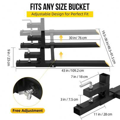 Horquillas para paletas con abrazadera, capacidad de 2500 lb y longitud de 43 pulgadas, juego de horquillas de montaje rápido de alta resistencia con barra estabilizadora para cargadores de tractor, minicargadoras y cucharones.
