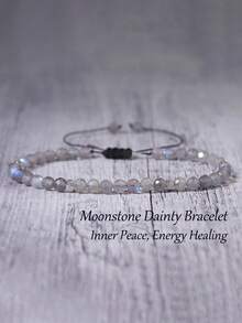 天然月光石水晶极简精致可调节手链 - 多面切割灰色月光石编织饰品，送给拥有神圣女性能量和月亮能量、象征新开始的女性的礼物 - 彩色 - 查看 6