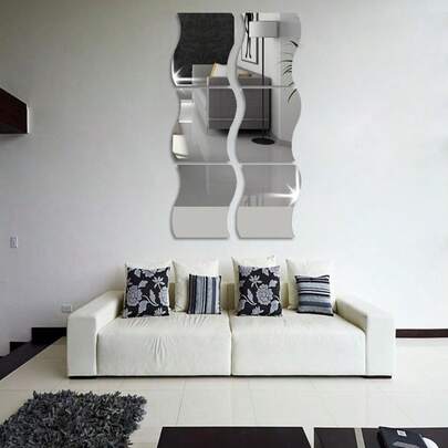 6pcs Wavy Geometric Mirror Wall Stickers, DIY Acrylic Mirror Wall Decals, Self-Adhesive Waterproof Wall Stickers, Suitable For Home Living Room Bedroom Sofa TV Background Wall Decor, Office Wall Decor, Waterproof Mirror Tile No Drilling Required, Easy To Install And Versatile, Peel Off Outer Film! (Decorative, Cannot Be Used As Mirrors, May Cause Deformation)