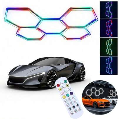 Luz Led Hexagonal Para Cochera, Lámpara Led De Techo Para Taller, 5 Luces Hexagonales De Panal De Abeja Para Garaje, Luz Led De Tienda Para Almacén, Taller, Gimnasio, Para Garaje Con 24 Tubos Rgb Sincronizados Con La Música Y Cambio De Color