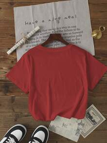 Women's Solid Color Short Sleeve Casual Basic Round Neck T-Shirt - Red - View 2