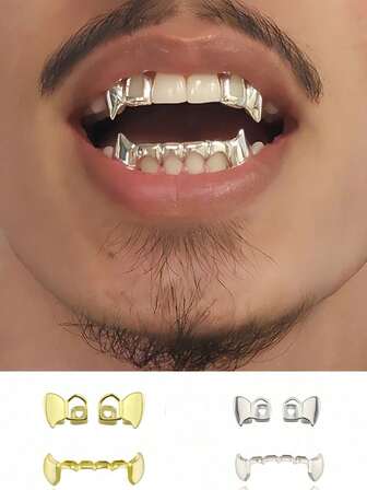 3 件套网格空心尖牙牙套，简约嘻哈风格金牙套，适合男女，日常穿着，派对，万圣节服装