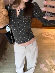 女士碎花修身长袖亨利领针织打底衫 - 灰色 - 查看 4