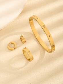 5 piezas Conjunto de joyería de acero inoxidable - Collar de piedra negra romana, pulsera tipo Gran Muralla, anillo abierto de rhinestone, aretes, uso diario para mujeres - Collar romano de concha negra + pulsera + anillo + pendientes - Ver 11