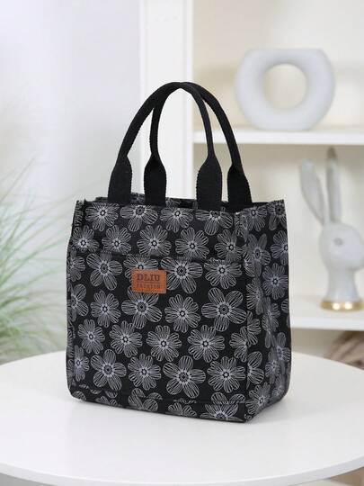 DLIU Thickened Corduroy Floral Print Fabric, Fashion, Minimalist, Retro Style Handbag, Lunch Box Tote Bag, Zipper Semi-Sealed, Front Zipper Pocket, Portable Shopping Bag, Miscellaneous Bag, Lunch Box Bag, Suitable For Outdoor Shopping, Strolling, School, Work, Daily Use, Large Capacity, Square Handbag