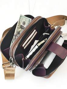 New Multifunctional Large Capacity Double Zipper Phone Wallet Fashion Minimalist Soft Pattern Casual Vacation Date Messenger Bag - Brown - View 4
