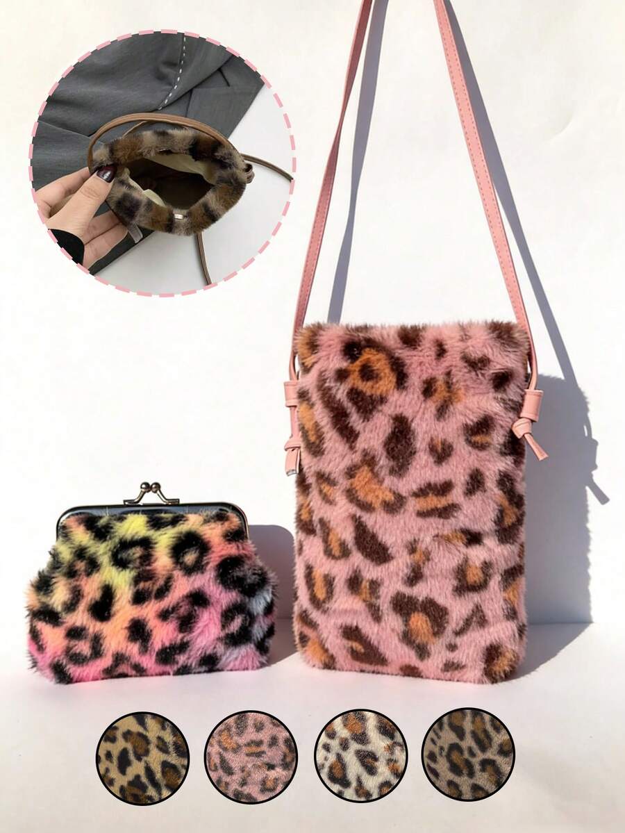 Women's Plush Faux Fur Leopard Print Crossbody Bag And Plush Leopard Print Coin Purse Set,Fashion Coin Purse,Leopard Print Fashion Minimalist Shoulder Bag, Magnetic Snap Closure Phone Pouch With Polyester Lining & Edge Paint Detail, Lightweight Compact Mobile Phone Bag - Multicolor - View 1