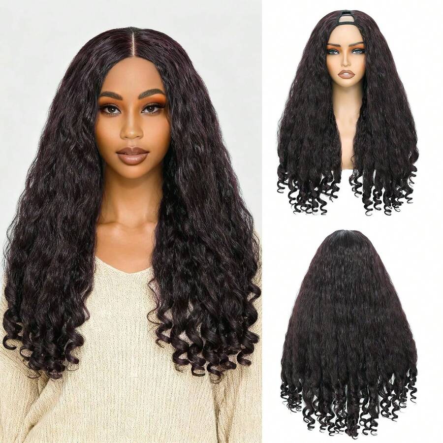 22-30 Inch Afro Kinky Curly V-Part Synthetic Braided Wig, Fluffy Curly Texture, Elastic Curly Ends, No Need For Leave Out, Clip-In Half Head Natural Black Wig - Màu đen tự nhiên - Xem 1