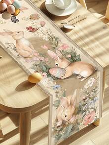 1pc Vintage Easter Table Runner, Featuring Rabbit, Eggs And Floral Patterns, 35*180cm Polyester Farmhouse Style Easter Table Runner, 2026 Easter Home Decor, Kitchen Dining Table Decoration, Spring Holiday Decor - Multicolor - View 10