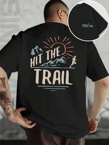 T-shirt outdoor à motif montagne, idéal pour le trail, le printemps, col rond, coupe décontractée, style streetwear hip-hop, confortable, imprimé artistique re cto verso - Noir - Voir 1