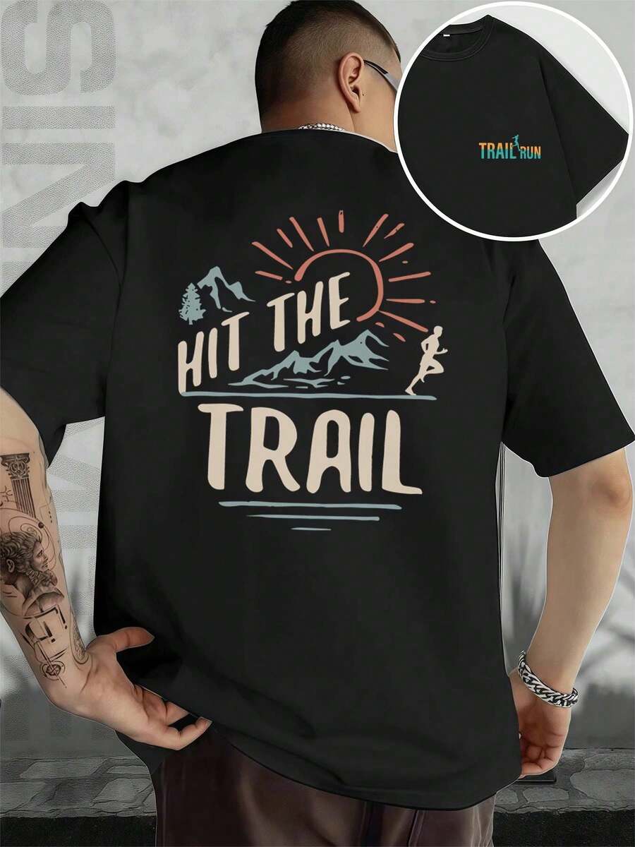 T-shirt outdoor à motif montagne, idéal pour le trail, le printemps, col rond, coupe décontractée, style streetwear hip-hop, confortable, imprimé artistique re cto verso - Noir - Voir 1