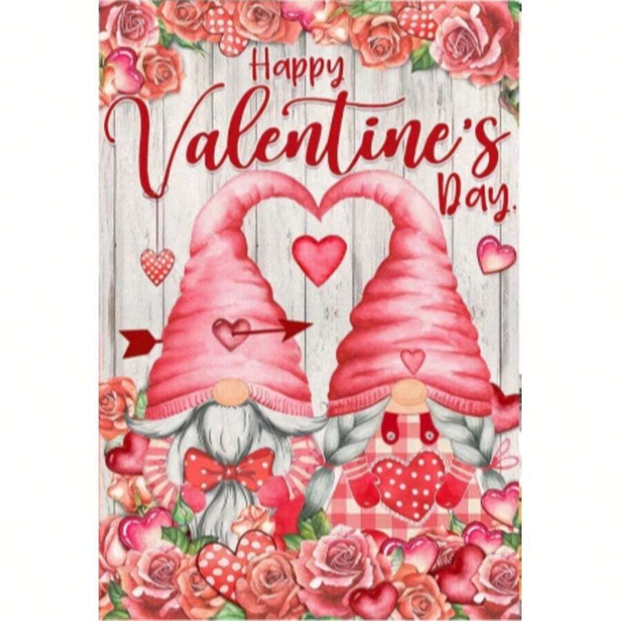 1 Stück Valentinstag Gartenflagge, doppelseitige Valentinstag Gartenflagge mit Zwerg und Herz Rose, Jutefaser vertikale Gartenflagge für Heim, Rasen und Outdoor Dekoration, ohne Fahnenmast