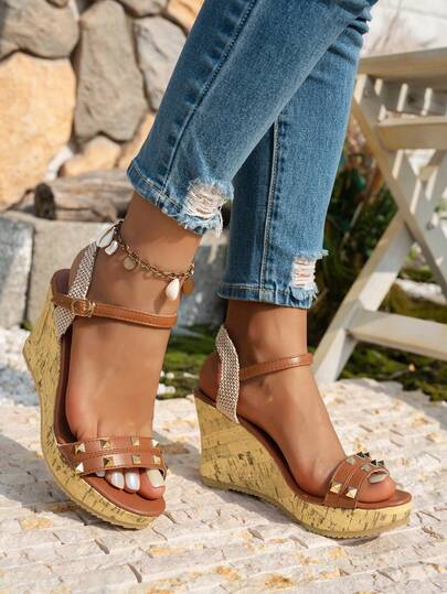 Women's Elegant Fashion Versatile Rivet Leather Non-Slip High Heel Sandals, Outdoor Comfortable Lightweight Wedge Platform Roman Sandals, Wooden Texture Bohemian Open Toe Summer Sandals, Women's Vacation Casual Slip-On Beach Sandals