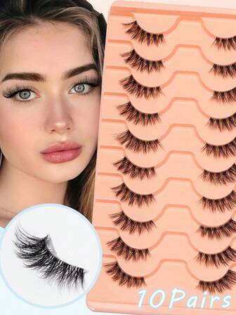10 Pairs Of Natural False Lashes With Extended Tips, Soft And Comfortable For Beginners. Easy To Apply, Featuring Cat-Eye Design For A Natural Look, Perfect For Daily Wear.