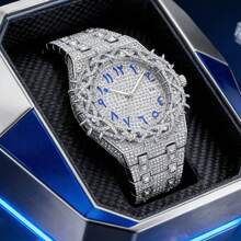 1pc Men's Quartz Watch, New Fully Diamond-Encrusted Strap, Iced-Out Hip Hop Large Dial Design, Personalized Mesh Inlaid Zirconia Dial, Party Watch, Gift For Men - 均碼 - 查看 11