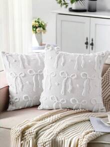 Juego de fundas de almohada con lazo, decoración de habitación coqueta, lazos falsos de piel suave, artículos preppy esponjosos y peluches, fundas de almohada estéticas para cama, sofá y sillón, decoraciones de otoño-invierno y Día de San Valentín