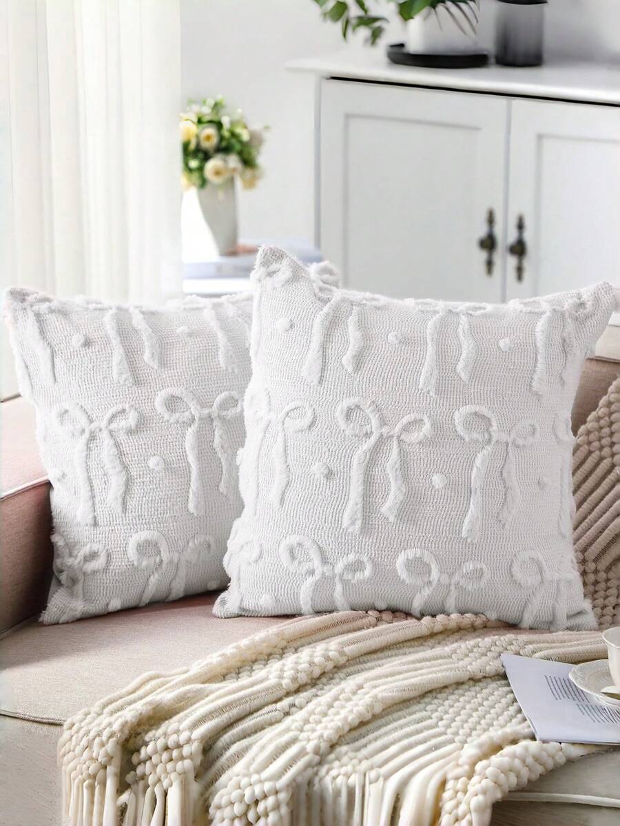 Juego de fundas de almohada con lazo, decoración de habitación coqueta, lazos falsos de piel suave, artículos preppy esponjosos y peluches, fundas de almohada estéticas para cama, sofá y sillón, decoraciones de otoño-invierno y Día de San Valentín