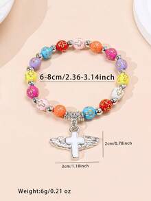 1pc Creative Fashion Acrylic Bead Wing Cross Bracelet, Oil Drop Angel Cross Beaded Elastic Bracelet - Cross - View 3