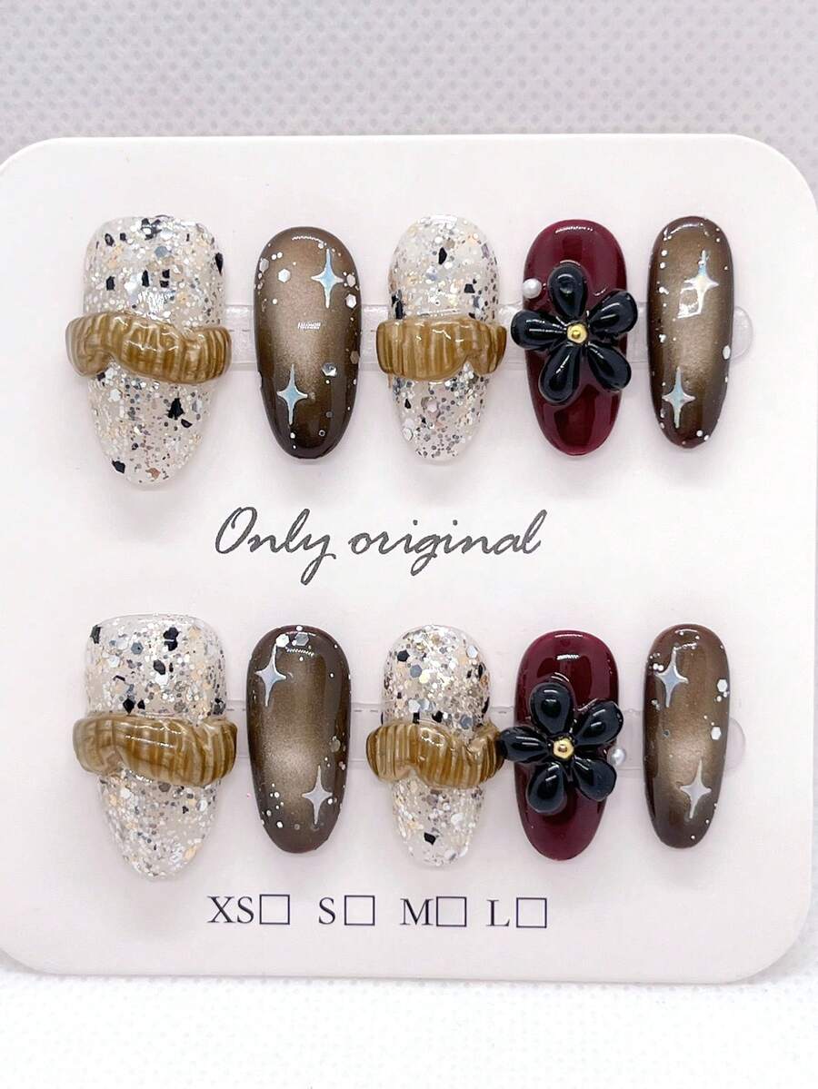 10片棕色按压式美甲贴片，短款方形和椭圆形法式美甲，手工制作，饰有闪粉和花朵，人造全覆盖甲片，适合女性和女孩，手工美甲配件