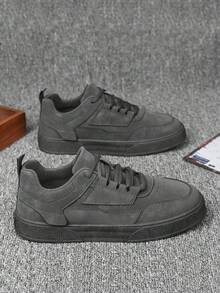 （建议选大一码）男士纯灰色系带滑板鞋，简约圆头厚底高帮运动鞋