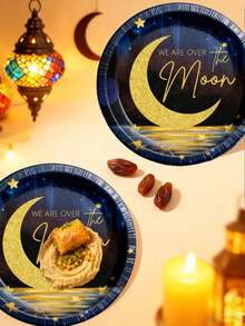 12/24/48 件套，一次性餐具，带灯光图案和开斋节主题的一次性纸托盘，7 英寸纸托盘，9 英寸纸托盘，食品托盘，派对托盘，材质，适用于穆斯林节日、晚餐、沐浴、礼拜、招待会、聚会等场合。 - 彩色 - 查看 2