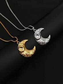 1pc Stainless Steel Moon Surface Textured Pendant Necklace, Fashionable Minimalist Chic Collarbone Sweater Chain - Multicolor - View 1