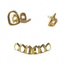 Conjunto de 3 peças de joias dentárias personalizadas e modernas em zircônia, com design de estrela de quatro pontas e barra oca. Ideal para casais e como presente de Natal unissex. - Multicolorido - Ver 7