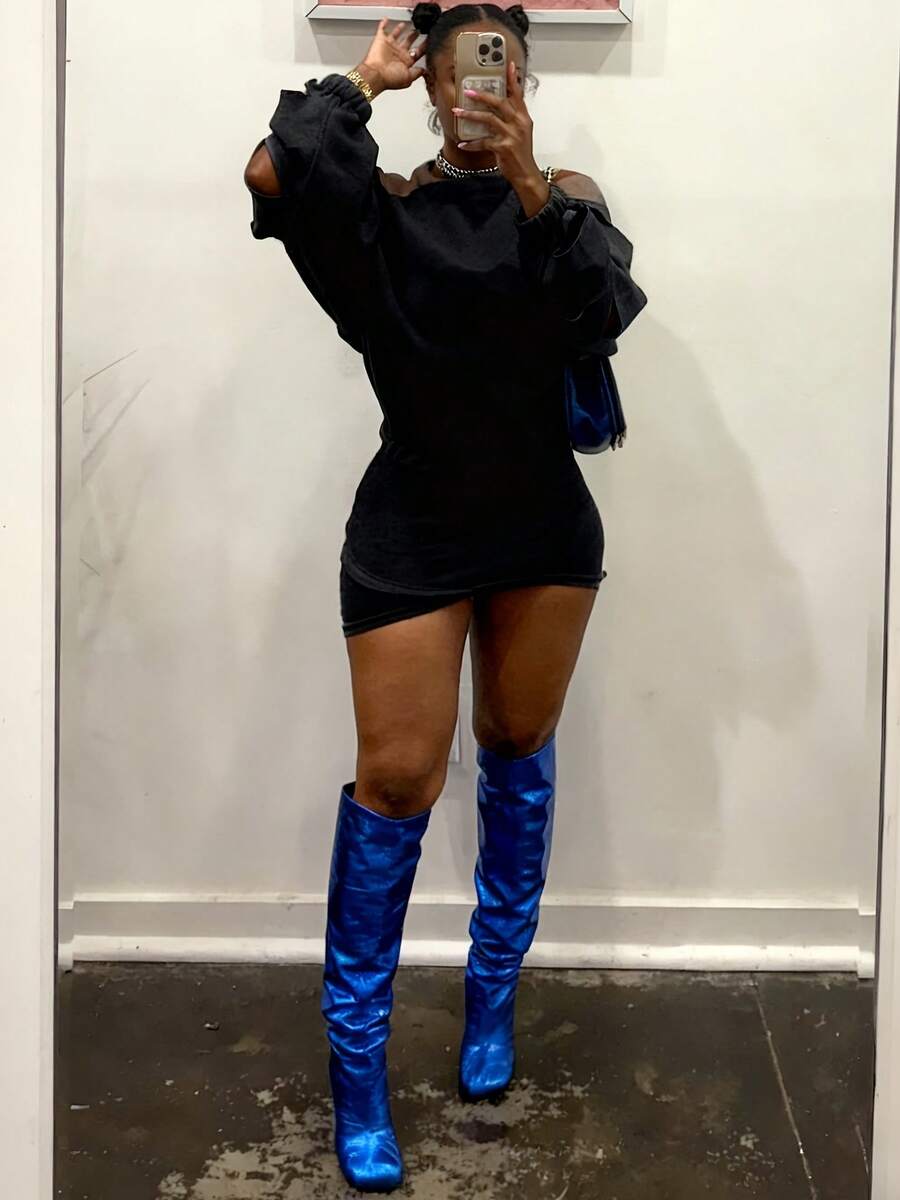 Women's Elegant Cold-Shoulder Lantern Sleeve Top & Matching Mini Skirt Set - Ideal For Office, Loungewear & Evening Dates - màu đen - Xem 1