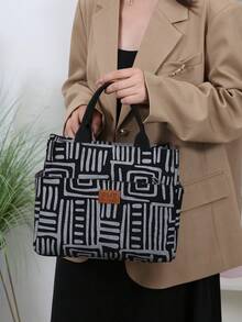 DLIU New Arrival, Corduroy Printed Fabric, Large Capacity Thick Tote Bag, Aluminum Foil Insulation Lining, Half-Zip Closure, Multi-Pocket Outdoor Storage Bag, Lunch Bag, Bento Box Bag, Tote Bag, Organizer Bag, Handbag, Suitable For Work Lunch, Outdoor Picnic, Daily Storage Lunch Box Cooler Bag Waterproof For Women For Men For Picnic For School Back To School - Black - View 10