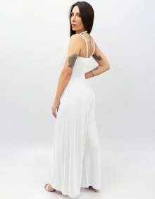 Women's Long Leg Jumpsuit With Double Straps And Front Pleats - Casual Elegant Style - Blanco - Ver 8