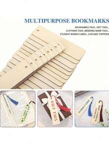 50个空白木质书签，DIY木制工艺书签，激光切割木质吊坠，方形木质标签（25个书签+25个流苏），流苏颜色随机，返校季