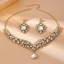 3pcs/Set Elegant Mature Graceful V-Shaped Full Rhinestone Pendant Necklace & Earrings Set, Suitable For Women To Wear To Parties And Gatherings - White - View 5