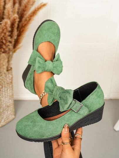 New Round Toe Low Vamp Strap Bow Decor Lady Style Casual Versatile Thick Bottom Wedge Increased Height Slimming Women Loafers