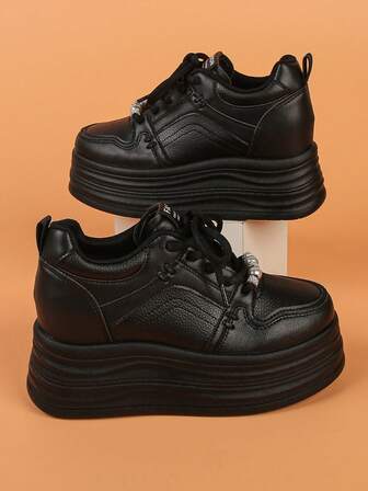 Women's Platform Wedge Sneakers, Solid Color Casual Outdoor Lace-Up Lightweight Soft Bottom Slimming Elevator Shoes, Fashion Versatile Leisure Ladies Footwear