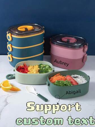 1 st. Bentobox med personlig text/namntryck för barn, dubbelt lager, stor kapacitet, PP-material, mikrovågsugnsmatlåda med handtag, lämplig för familjer, studenter, kontorsarbetare