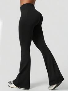 NcmRyu 1Pc Women'S Solid Color Seamless Minimalist High Waist Elastic Butt Lifting Flared Sports Pants Tights - Black - View 6