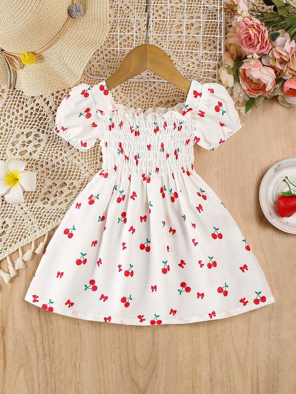 Spring/Summer Valentines Day Girls Dress, Elastic Waist Puff Sleeve Short Sleeve Dress, Cherry Blossom & Bow Print, Sweet & Cute, Casual Everyday/Holiday Outfit