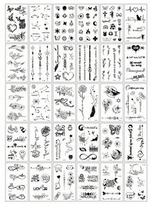 30 款创意精致的临时纹身贴纸，带有黑色蝴蝶花朵和文字设计，适用于手指、手腕和小身体部位