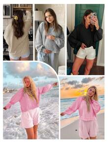Women's Fall Oversized Sweatshirt V Neck Lace Lantern Long Sleeve Y2K Cropped Pullover Tops - Màu Khaki - Xem 5