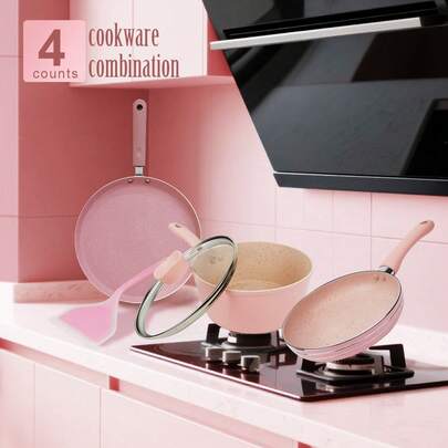 ABKOK 1-delige/2-delige/4-delige roze aluminium kookset, antiaanbak koekenpan, steelpan, crêpepan met glazen deksel. Mini schattige antiaanbakpan, gemakkelijk schoon te maken, geschikt voor het koken van kleine porties op laag vuur, verkrijgbaar als enkele pan of pannenset.
