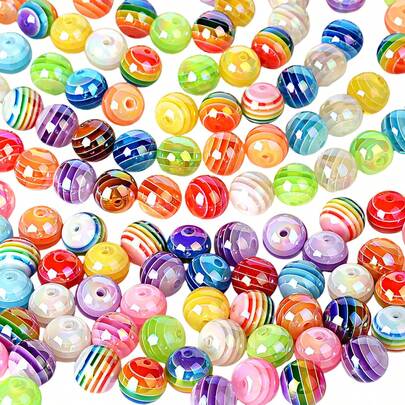 10pcs Acrylic Rainbow UV Gradient Striped Beaded DIY Keychain, Phone Strap, Bag Charm, Handmade Jewelry Accessories, Holiday Gift