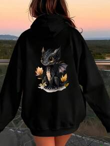 Fashionable Versatile Hoodie For Women With Unisex Dragon Print R8OB - 黑色 - 查看 4