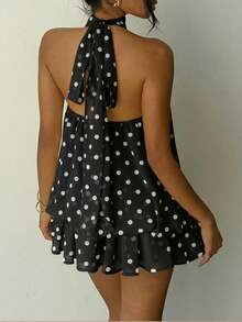 复古波点露背吊带裙，休闲夏季时尚女装宽松无袖雪纺迷你裙，度假风，夏季甜美波点A字连衣裙，修身剪裁，清新优雅派对连衣裙，女士夏季连衣裙，甜美波点连衣裙，婚礼黑色春季连衣裙 - 黑色 - 查看 8